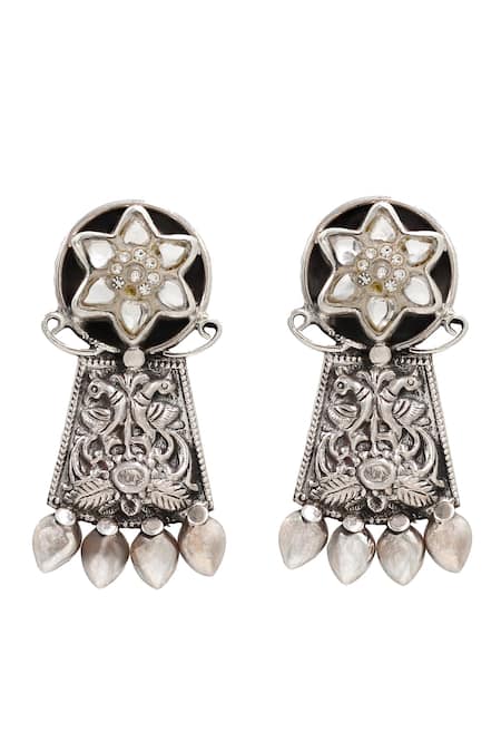 Shop Sangeeta Boochra Silver Plated Stones Kundan Peacock Floral Earrings at Aza Fashions Shop_Sangeeta Boochra_Silver Plated Stones Kundan Peacock Floral Earrings _at_Aza_Fashions
