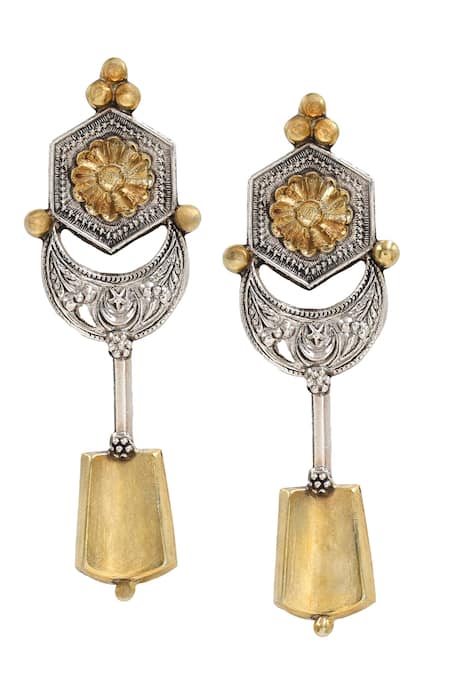 Shop Sangeeta Boochra Gold Plated Geometric Carved Dangler Earrings at Aza Fashions Shop_Sangeeta Boochra_Gold Plated Geometric Carved Dangler Earrings _at_Aza_Fashions