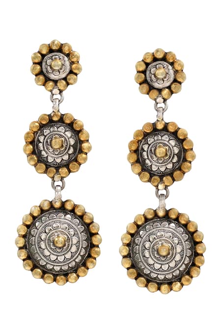 Shop Sangeeta Boochra Gold Plated Floral Dual Tone Carved Earrings at Aza Fashions Shop_Sangeeta Boochra_Gold Plated Floral Dual Tone Carved Earrings _at_Aza_Fashions