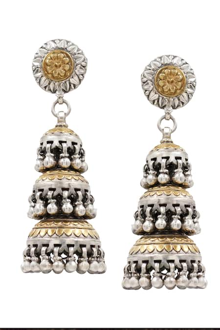 Shop Sangeeta Boochra Gold Plated Ghunghroo Carved Layered Jhumkas at Aza Fashions Shop_Sangeeta Boochra_Gold Plated Ghunghroo Carved Layered Jhumkas _at_Aza_Fashions