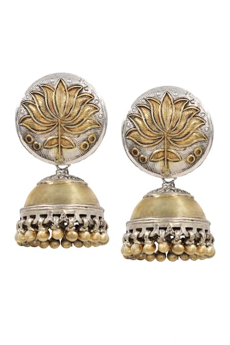 Shop Sangeeta Boochra Gold Plated Lotus Dual Tone Ghunghroo Jhumkas at Aza Fashions Shop_Sangeeta Boochra_Gold Plated Lotus Dual Tone Ghunghroo Jhumkas _at_Aza_Fashions