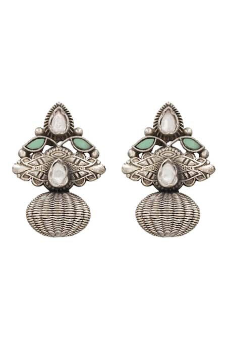 Shop Sangeeta Boochra Silver Plated Stones Floral Studded Earrings at Aza Fashions Shop_Sangeeta Boochra_Silver Plated Stones Floral Studded Earrings _at_Aza_Fashions
