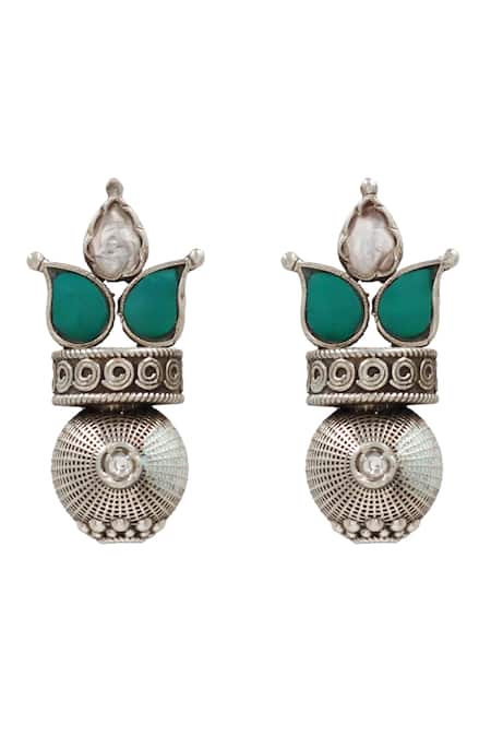 Shop Sangeeta Boochra Silver Plated Stones Paisley Hydro Studded Earrings at Aza Fashions Shop_Sangeeta Boochra_Silver Plated Stones Paisley Hydro Studded Earrings _at_Aza_Fashions
