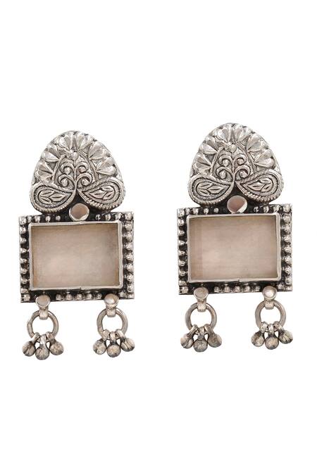 Shop Sangeeta Boochra Silver Plated Floral Quartz Dangler Earrings at Aza Fashions Shop_Sangeeta Boochra_Silver Plated Floral Quartz Dangler Earrings _at_Aza_Fashions