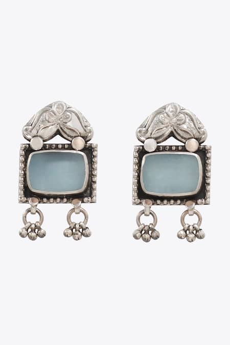 Shop Sangeeta Boochra Blue Floral Geometric Quartz Earrings at Aza Fashions Shop_Sangeeta Boochra_Blue Floral Geometric Quartz Earrings _at_Aza_Fashions