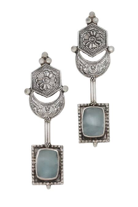 Shop Sangeeta Boochra Silver Plated Crystals Hydro Stone Geometric Dangler Earrings Online at Aza Fashions Shop_Sangeeta Boochra_Silver Plated Crystals Hydro Stone Geometric Dangler Earrings _Online_at_Aza_Fashions