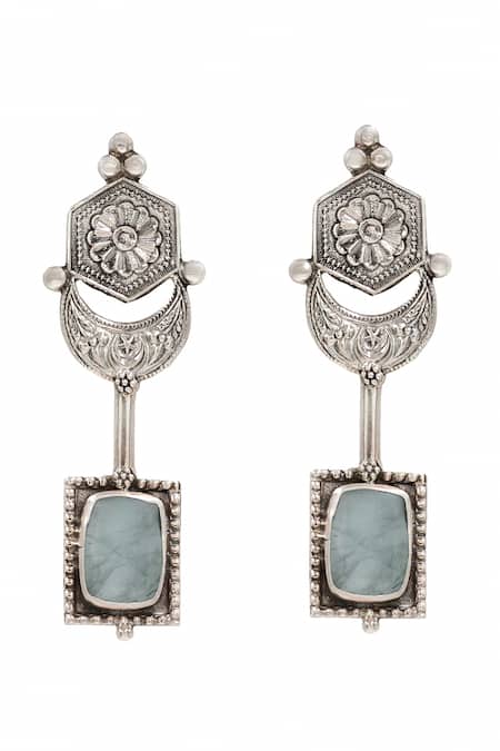 Shop Sangeeta Boochra Silver Plated Crystals Hydro Stone Geometric Dangler Earrings at Aza Fashions Shop_Sangeeta Boochra_Silver Plated Crystals Hydro Stone Geometric Dangler Earrings _at_Aza_Fashions
