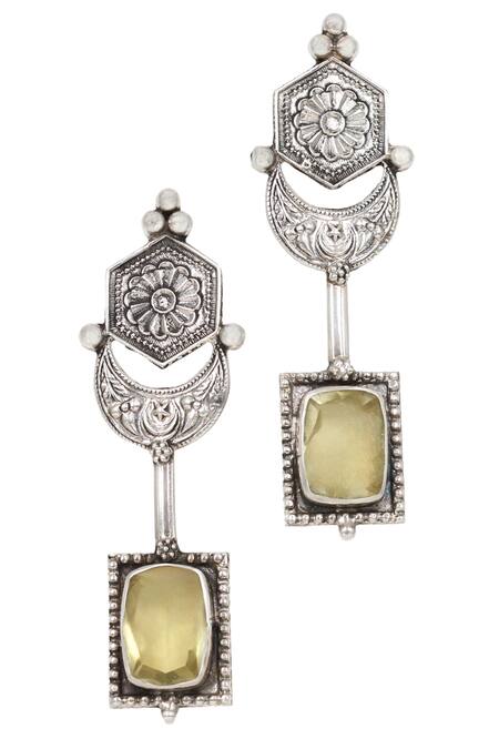 Shop_Sangeeta Boochra_Silver Plated Stones Geometric Hydro Earrings _Online_at_Aza_Fashions