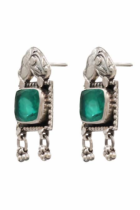 Buy_Sangeeta Boochra_Green Floral Stone Embellished Tassel Earrings _Online_at_Aza_Fashions