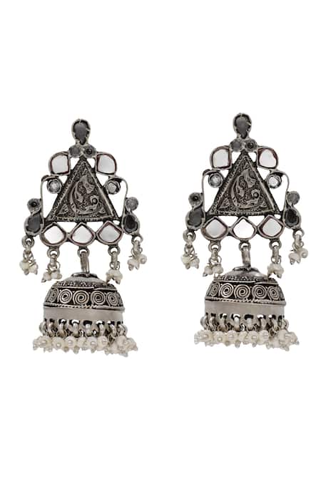 Shop Sangeeta Boochra Silver Plated Pearls Kundan And Jhumka Earrings at Aza Fashions Shop_Sangeeta Boochra_Silver Plated Pearls Kundan And Jhumka Earrings _at_Aza_Fashions
