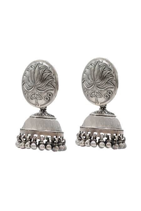 Sangeeta Boochra_Silver Plated Lotus Carved Sterling Jhumkas _Online_at_Aza_Fashions