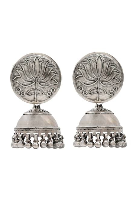 Shop_Sangeeta Boochra_Silver Plated Lotus Carved Sterling Jhumkas _at_Aza_Fashions