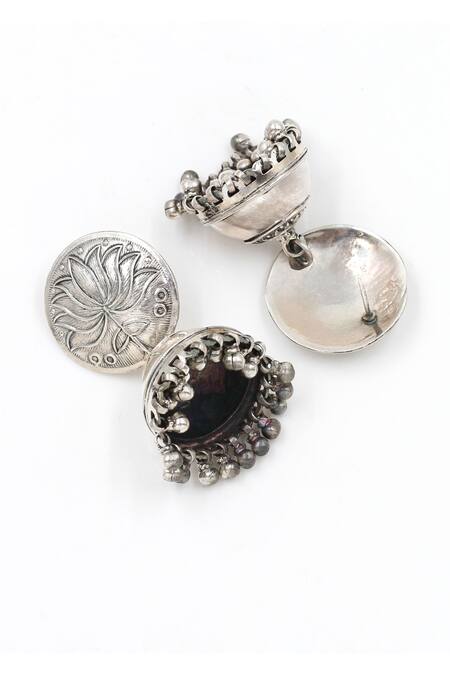 Buy_Sangeeta Boochra_Silver Plated Lotus Carved Sterling Jhumkas _Online_at_Aza_Fashions