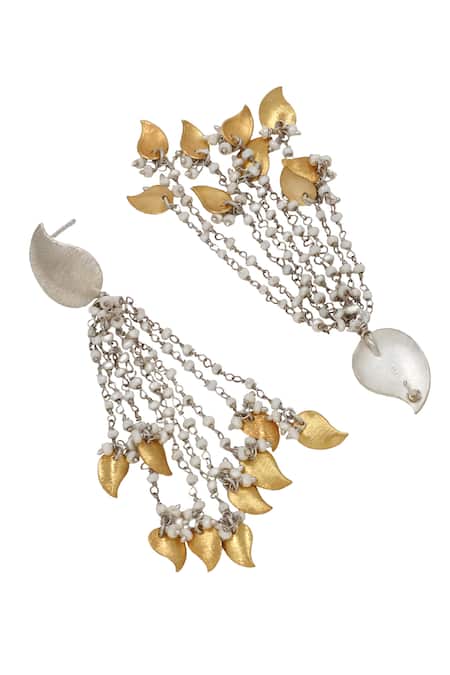 Shop Sangeeta Boochra Gold Plated Pearls Paisley Tassel Earrings at Aza Fashions Shop_Sangeeta Boochra_Gold Plated Pearls Paisley Tassel Earrings _at_Aza_Fashions