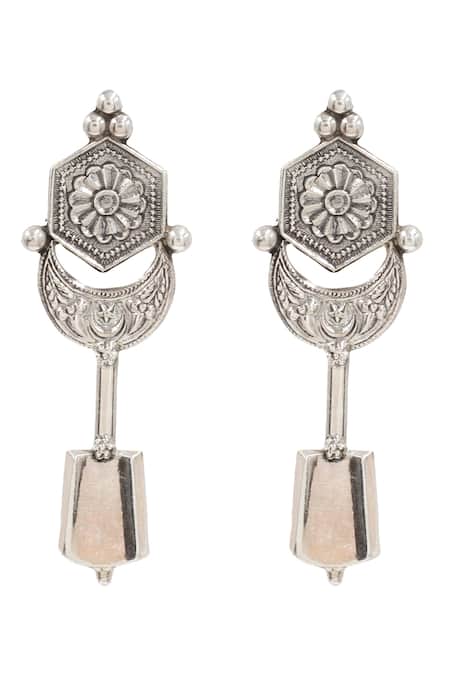 Shop Sangeeta Boochra Silver Plated Floral Geometric Carved Earrings at Aza Fashions Shop_Sangeeta Boochra_Silver Plated Floral Geometric Carved Earrings _at_Aza_Fashions