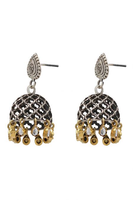 Sangeeta Boochra_Gold Plated Jaali Stone Tassel Jhumkas _Online_at_Aza_Fashions