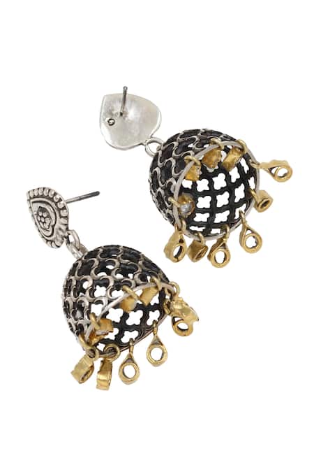 Shop_Sangeeta Boochra_Gold Plated Jaali Stone Tassel Jhumkas _at_Aza_Fashions