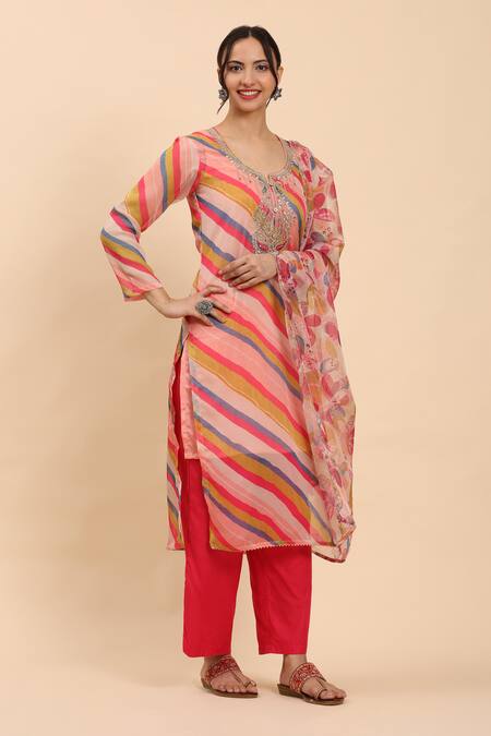 Mamicha Multi Color Cotton Sequins, Multicolor Diagonal Print Kurta Palazzo Set Online at Aza Fashions Mamicha_Multi Color Cotton Sequins, Multicolor Diagonal Print Kurta Palazzo Set_Online_at_Aza_Fashions