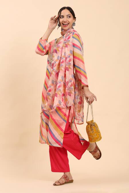 Shop Mamicha Multi Color Cotton Sequins, Multicolor Diagonal Print Kurta Palazzo Set Shop_Mamicha_Multi Color Cotton Sequins, Multicolor Diagonal Print Kurta Palazzo Set