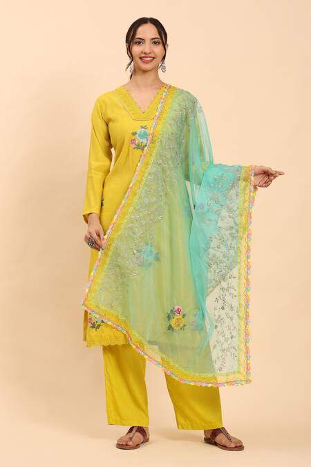 Buy_Mamicha_Yellow Cotton Embroidery Scoop Neck Floral Patch Kurta Set_Online_at_Aza_Fashions