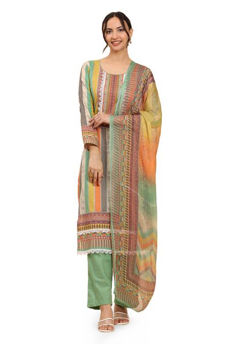 Buy_Mamicha_Multi Color Cotton Lace Round Neck Multicolor Floral Stripe Kurta Set_Online_at_Aza_Fashions