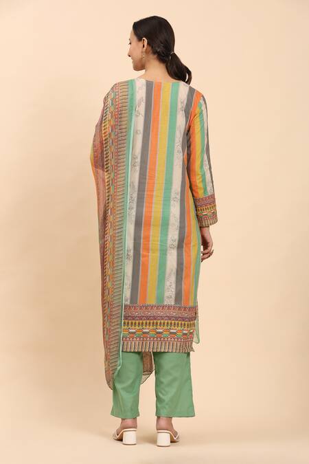 Shop_Mamicha_Multi Color Cotton Lace Round Neck Multicolor Floral Stripe Kurta Set_at_Aza_Fashions