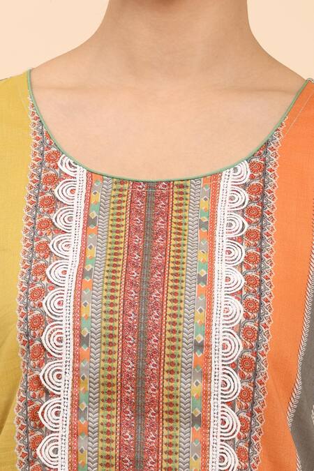 Shop_Mamicha_Multi Color Cotton Lace Round Neck Multicolor Floral Stripe Kurta Set_Online_at_Aza_Fashions