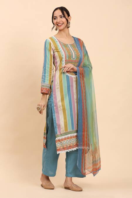 Mamicha Multi Color Cotton Lace, Embroidery Multicolor Floral Stripe Kurta Palazzo Set Online at Aza Fashions Mamicha_Multi Color Cotton Lace, Embroidery Multicolor Floral Stripe Kurta Palazzo Set_Online_at_Aza_Fashions