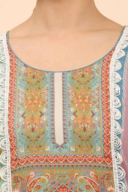 Shop Mamicha Multi Color Cotton Lace, Embroidery Multicolor Floral Stripe Kurta Palazzo Set Online at Aza Fashions Shop_Mamicha_Multi Color Cotton Lace, Embroidery Multicolor Floral Stripe Kurta Palazzo Set_Online_at_Aza_Fashions