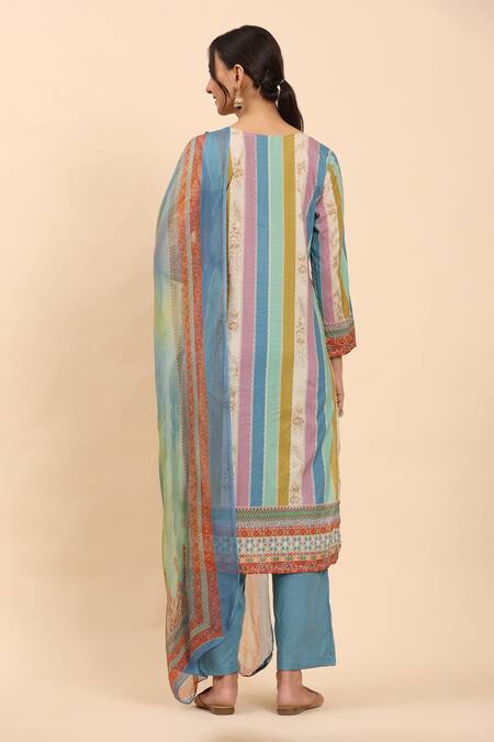 Shop Mamicha Multi Color Cotton Lace, Embroidery Multicolor Floral Stripe Kurta Palazzo Set at Aza Fashions Shop_Mamicha_Multi Color Cotton Lace, Embroidery Multicolor Floral Stripe Kurta Palazzo Set_at_Aza_Fashions