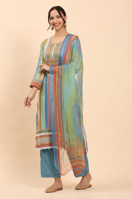Buy Mamicha Multi Color Cotton Lace, Embroidery Multicolor Floral Stripe Kurta Palazzo Set Buy_Mamicha_Multi Color Cotton Lace, Embroidery Multicolor Floral Stripe Kurta Palazzo Set