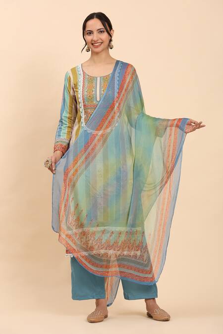 Shop Mamicha Multi Color Cotton Lace, Embroidery Multicolor Floral Stripe Kurta Palazzo Set Shop_Mamicha_Multi Color Cotton Lace, Embroidery Multicolor Floral Stripe Kurta Palazzo Set