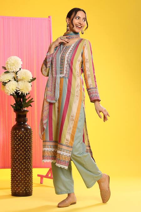 Mamicha Multi Color Cotton Lace, Embroidery Multicolored Floral Stripe Kurta Palazzo Set Online at Aza Fashions Mamicha_Multi Color Cotton Lace, Embroidery Multicolored Floral Stripe Kurta Palazzo Set_Online_at_Aza_Fashions