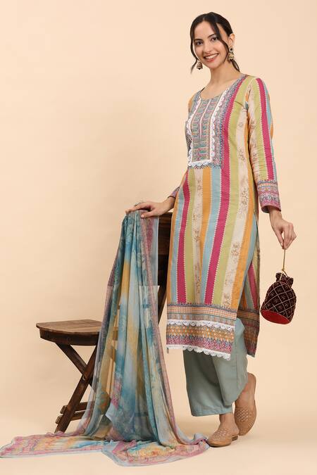 Buy Mamicha Multi Color Cotton Lace, Embroidery Multicolored Floral Stripe Kurta Palazzo Set Online at Aza Fashions Buy_Mamicha_Multi Color Cotton Lace, Embroidery Multicolored Floral Stripe Kurta Palazzo Set_Online_at_Aza_Fashions