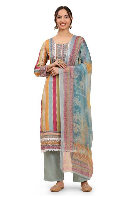 Shop Mamicha Multi Color Cotton Lace, Embroidery Multicolored Floral Stripe Kurta Palazzo Set Online at Aza Fashions Shop_Mamicha_Multi Color Cotton Lace, Embroidery Multicolored Floral Stripe Kurta Palazzo Set_Online_at_Aza_Fashions