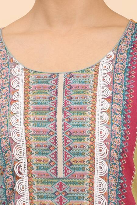 Mamicha Multi Color Cotton Lace, Embroidery Multicolored Floral Stripe Kurta Palazzo Set at Aza Fashions Mamicha_Multi Color Cotton Lace, Embroidery Multicolored Floral Stripe Kurta Palazzo Set_at_Aza_Fashions