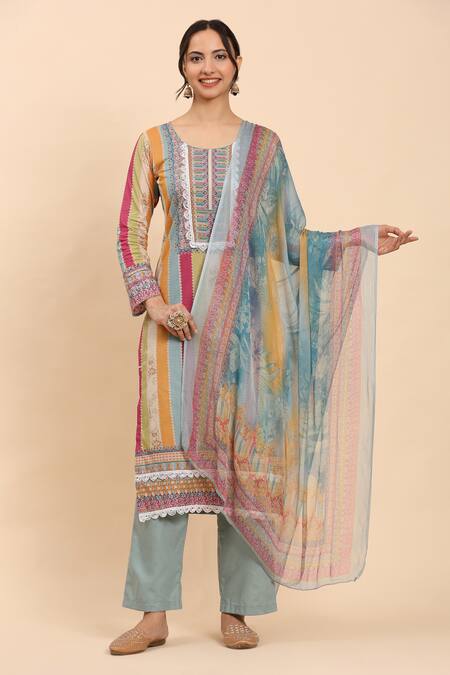 Shop Mamicha Multi Color Cotton Lace, Embroidery Multicolored Floral Stripe Kurta Palazzo Set Shop_Mamicha_Multi Color Cotton Lace, Embroidery Multicolored Floral Stripe Kurta Palazzo Set