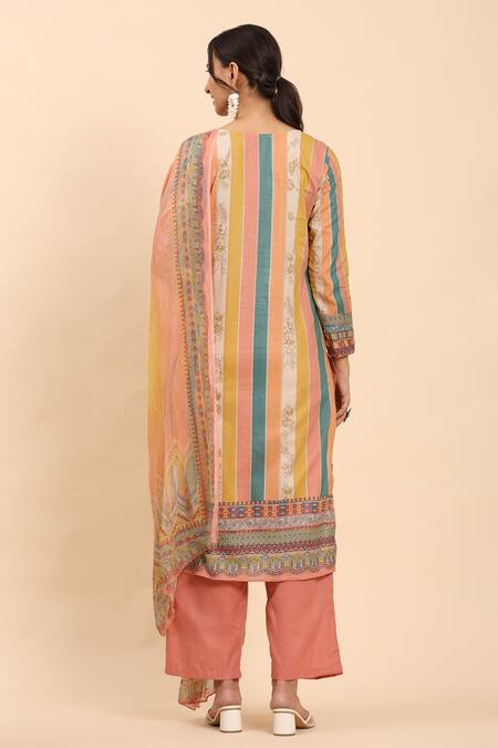 Shop Mamicha Multi Color Cotton, Chiffon Lace, Embroidery Multicolor Floral Stripe Kurta Set at Aza Fashions Shop_Mamicha_Multi Color Cotton, Chiffon Lace, Embroidery Multicolor Floral Stripe Kurta Set_at_Aza_Fashions