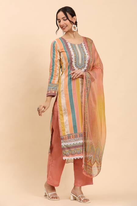 Mamicha Multi Color Cotton, Chiffon Lace, Embroidery Multicolor Floral Stripe Kurta Set Online at Aza Fashions Mamicha_Multi Color Cotton, Chiffon Lace, Embroidery Multicolor Floral Stripe Kurta Set_Online_at_Aza_Fashions