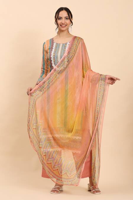 Shop Mamicha Multi Color Cotton, Chiffon Lace, Embroidery Multicolor Floral Stripe Kurta Set Online at Aza Fashions Shop_Mamicha_Multi Color Cotton, Chiffon Lace, Embroidery Multicolor Floral Stripe Kurta Set_Online_at_Aza_Fashions