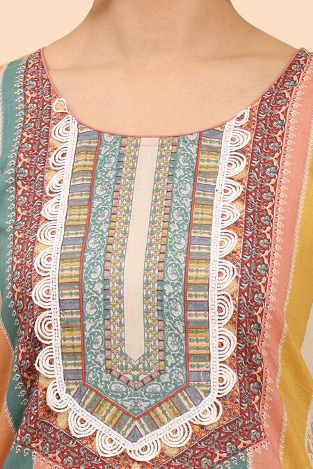 Mamicha Multi Color Cotton, Chiffon Lace, Embroidery Multicolor Floral Stripe Kurta Set at Aza Fashions Mamicha_Multi Color Cotton, Chiffon Lace, Embroidery Multicolor Floral Stripe Kurta Set_at_Aza_Fashions