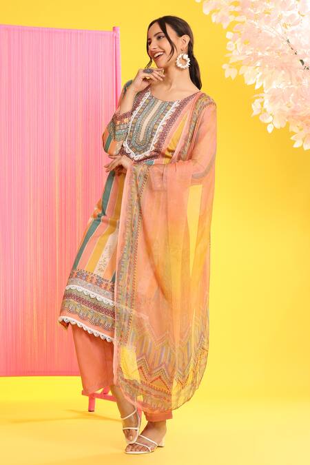 Buy Mamicha Multi Color Cotton, Chiffon Lace, Embroidery Multicolor Floral Stripe Kurta Set Buy_Mamicha_Multi Color Cotton, Chiffon Lace, Embroidery Multicolor Floral Stripe Kurta Set