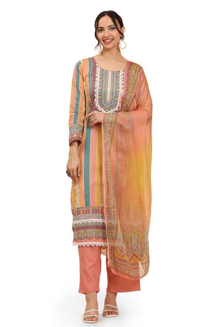 Shop Mamicha Multi Color Cotton, Chiffon Lace, Embroidery Multicolor Floral Stripe Kurta Set Shop_Mamicha_Multi Color Cotton, Chiffon Lace, Embroidery Multicolor Floral Stripe Kurta Set