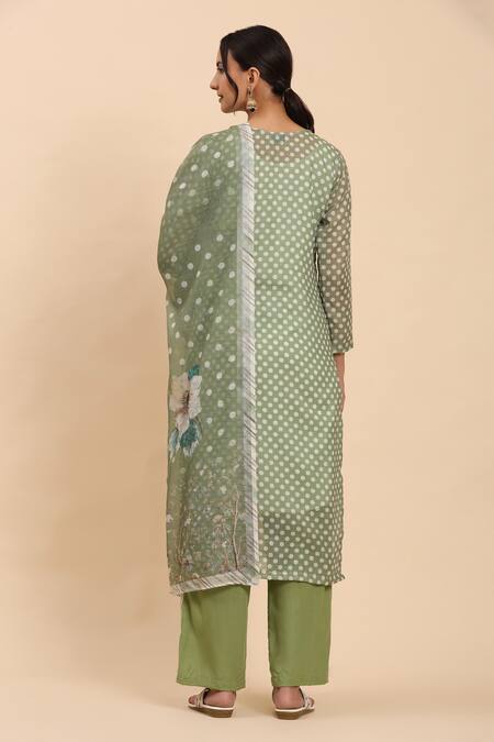 Shop_Mamicha_Green Cotton Embroidery Round Neck Polka Dot Printed Kurta Set With Dupatta_at_Aza_Fashions