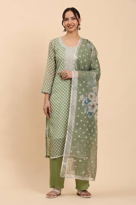Buy_Mamicha_Green Cotton Embroidery Round Neck Polka Dot Printed Kurta Set With Dupatta_Online_at_Aza_Fashions