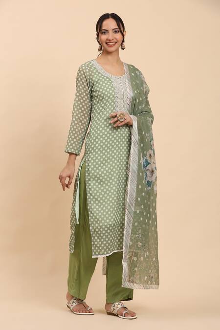 Shop_Mamicha_Green Cotton Embroidery Round Neck Polka Dot Printed Kurta Set With Dupatta_Online_at_Aza_Fashions