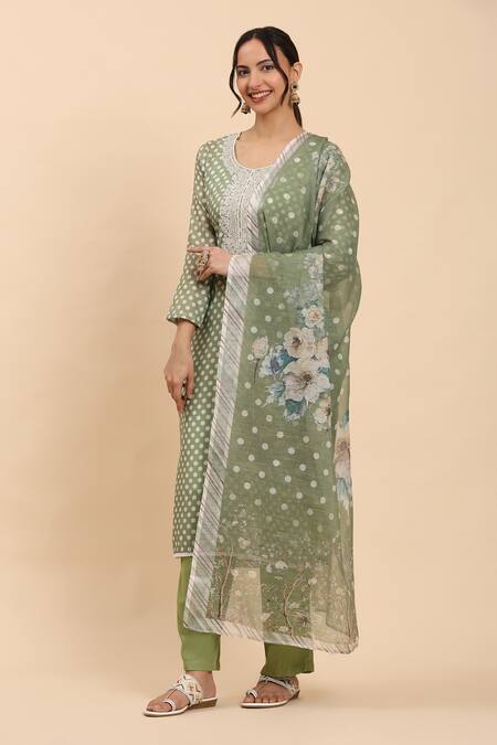 Mamicha_Green Cotton Embroidery Round Neck Polka Dot Printed Kurta Set With Dupatta_at_Aza_Fashions