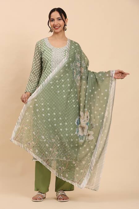 Buy_Mamicha_Green Cotton Embroidery Round Neck Polka Dot Printed Kurta Set With Dupatta