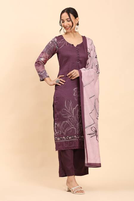 Buy Mamicha Purple Cotton Embroidery Round Neck Floral Thread Kurta Set Online at Aza Fashions Buy_Mamicha_Purple Cotton Embroidery Round Neck Floral Thread Kurta Set_Online_at_Aza_Fashions