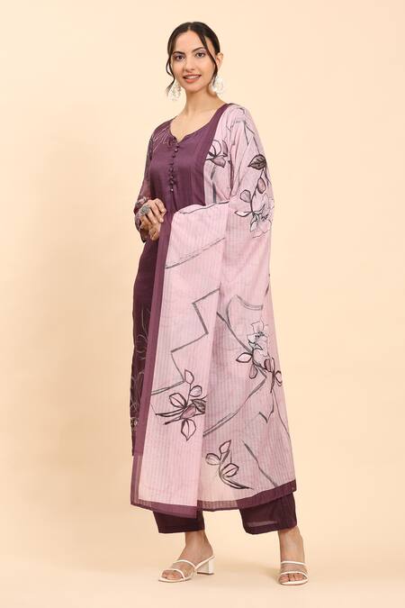 Shop Mamicha Purple Cotton Embroidery Round Neck Floral Thread Kurta Set Online at Aza Fashions Shop_Mamicha_Purple Cotton Embroidery Round Neck Floral Thread Kurta Set_Online_at_Aza_Fashions